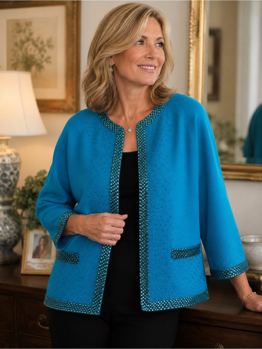 Vintage Jo-Ro Imports Turquoise Beaded Open Front lining cardigan sz M/L ? As is